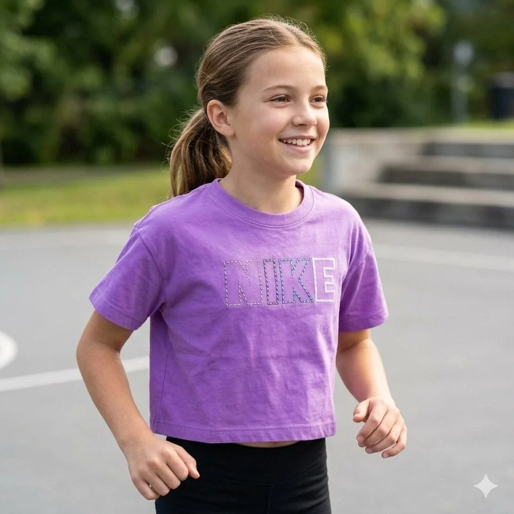 Nike Crop Tee Girls Medium Purple Patterned Logo Graphic Short Sleeve Shirt